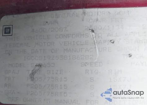 1995 Chevrolet S-10 z USA, uszkodzony, nr VIN 1GCCS19Z5S818628